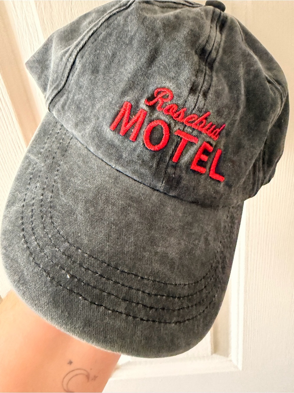 Roselund MOTEL Embroidered Baseball Cap - Charcoal with Red Logo